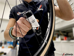 Vittoria Universal Tubeless Tyre Sealant  being injected into a tyre through the valve